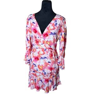 Betsey Johnson Sunset Floral Wrap Mini Dress Pink Orange Purple‎ Ruffle Size 6